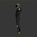 Game and Movie Character Wearing Black Bodysuit with Blue Yellow Helmet and Yellow Knee Pads