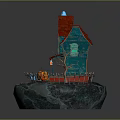 Halloween Themed Blue House with Red Roof Arched Windows Pumpkin Lanterns and Ghost Decorations