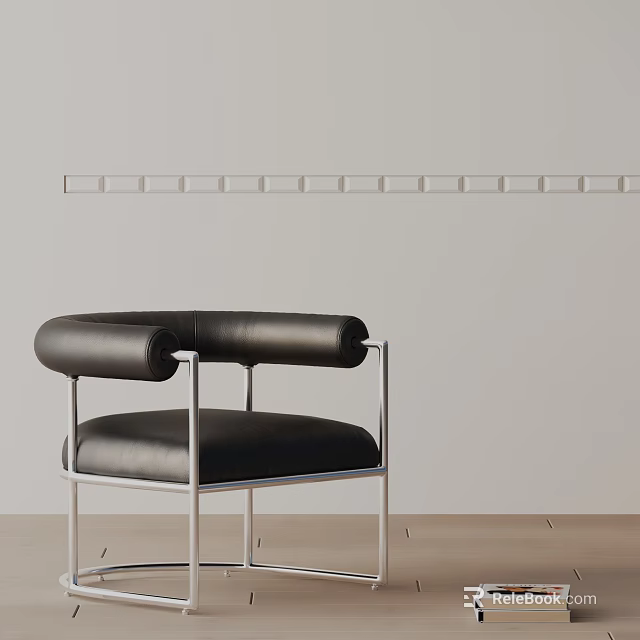 Sleek Black Leather Accent Chair with Modern Metal Frame and Curved Armrests for Minimalist Living Space 3d model 