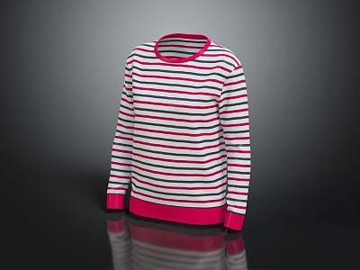 Stylish Long Sleeve Crew Neck Sweater With Red and White Stripes And Pink Cuffs Neckline 3d model