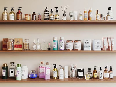 Diverse Perfume and Cosmetics Bottles Displayed on Wooden Shelves 3d model Diverse Perfume and Cosmetics Bottles Displayed on Wooden Shelves 3d model