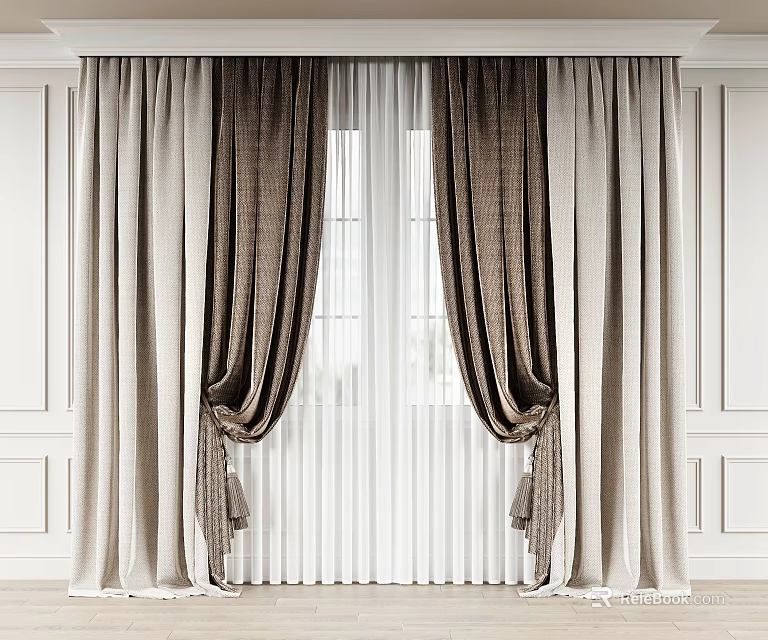 Pleated Brown Beige Double Layer Velvet Curtains For Window Interior Decor 3d model