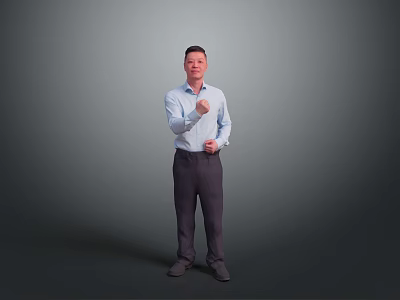 Man in light blue shirt and dark pants gesturing with right fist against gray background 3d model