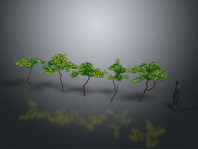 Cartoon Scene With Row Of Green Trees Small Figure And Reflections On Gray Background 3d model