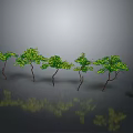 Cartoon Scene With Row Of Green Trees Small Figure And Reflections On Gray Background