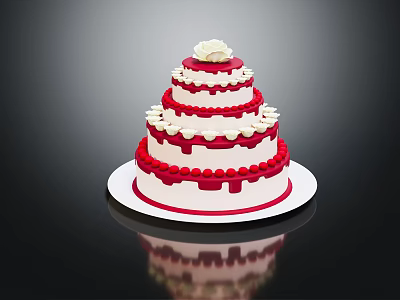 Three Tier White Cream Cake With Red Decorations And White Flower On Top 3d model