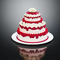 Three Tier White Cream Cake With Red Decorations And White Flower On Top