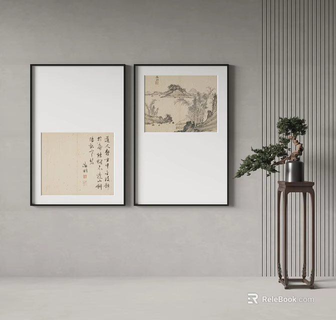 Traditional Chinese Paintings With Calligraphy And Landscape Art On Gray Wall With Potted Plant Stand 3d model 