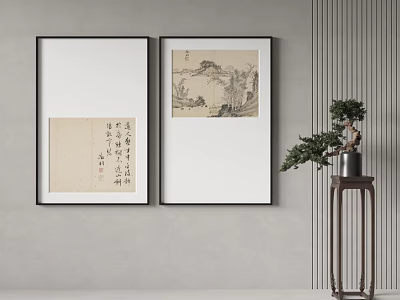 Traditional Chinese Paintings With Calligraphy And Landscape Art On Gray Wall With Potted Plant Stand 3d model