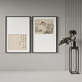 Traditional Chinese Paintings With Calligraphy And Landscape Art On Gray Wall With Potted Plant Stand