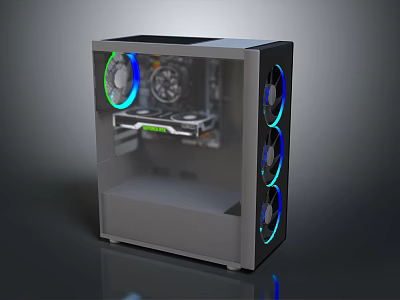 Modern Gaming PC Case With Transparent Side Panel RGB Cooling Fans And Graphics Card 3d model
