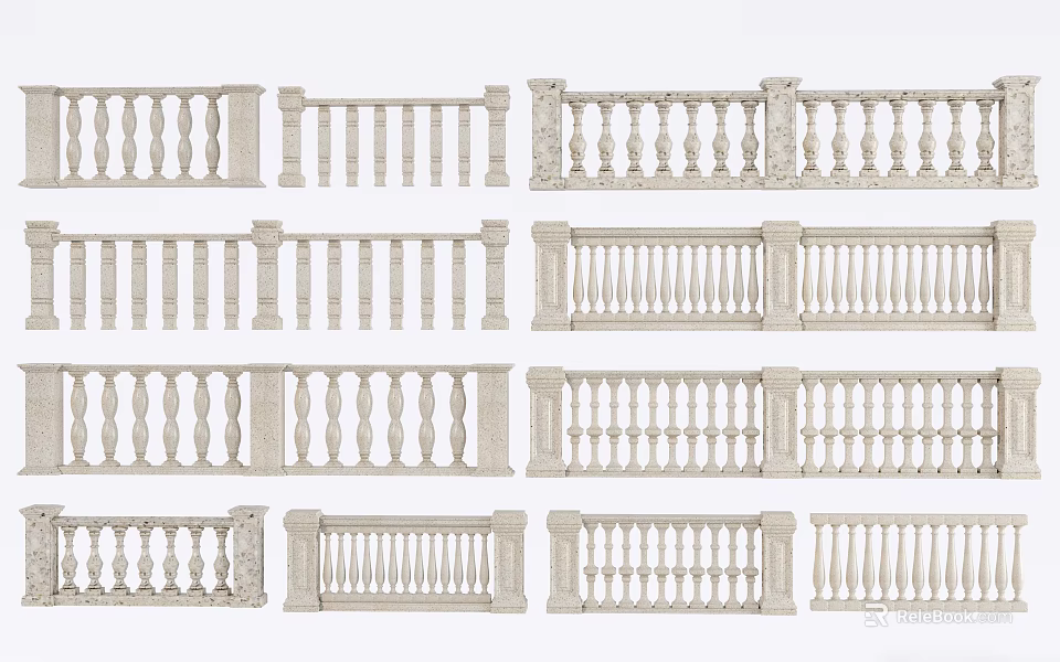 Various Decorative Railings With Different Baluster Styles And Classic Architectural Designs 3d model