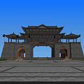 Traditional Chinese Ancient Gate With Stone Walls Arched Doorway Eaves Roof And Square Plaza