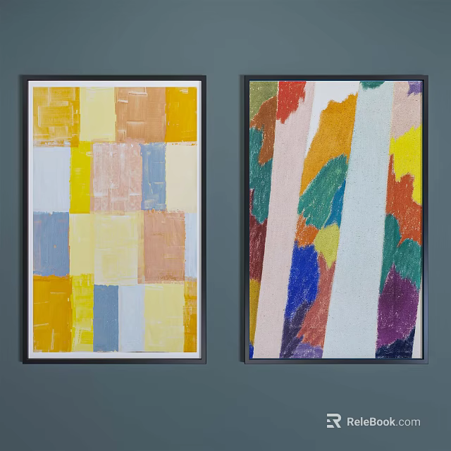 Two Abstract Paintings With Colorful Blocks And Black Frames For Home Decor 3d model 