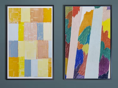 Two Abstract Paintings With Colorful Blocks And Black Frames For Home Decor 3d model