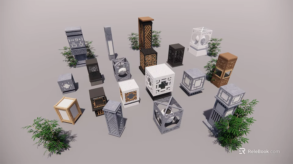 Outdoor Lights with Various Designs and Green Plants for Garden Decoration 3d model 