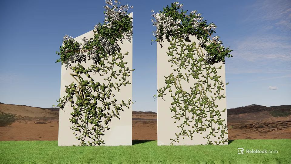 Vines Growing On White Panels With Purple Flowers Against Green Grass And Blue Sky 3d model 