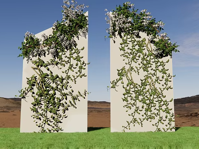 Vines Growing On White Panels With Purple Flowers Against Green Grass And Blue Sky 3d model
