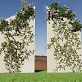 Vines Growing On White Panels With Purple Flowers Against Green Grass And Blue Sky