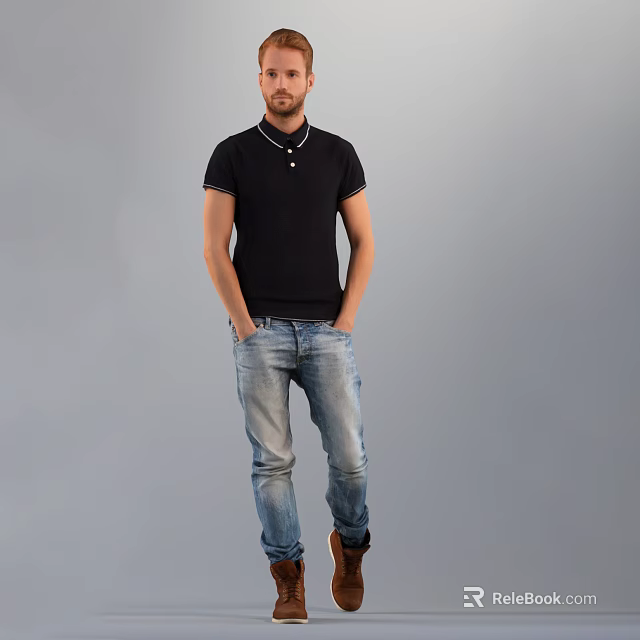Man Wearing Black Polo Shirt And Blue Jeans With Hands In Pockets On Gray Background 3d model 