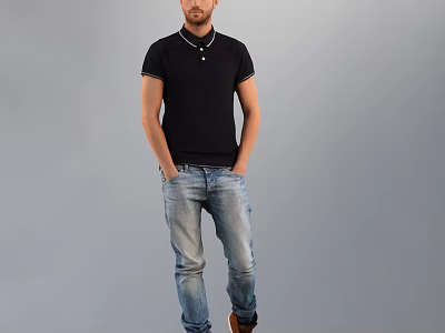 Man Wearing Black Polo Shirt And Blue Jeans With Hands In Pockets On Gray Background 3d model