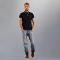 Man Wearing Black Polo Shirt And Blue Jeans With Hands In Pockets On Gray Background