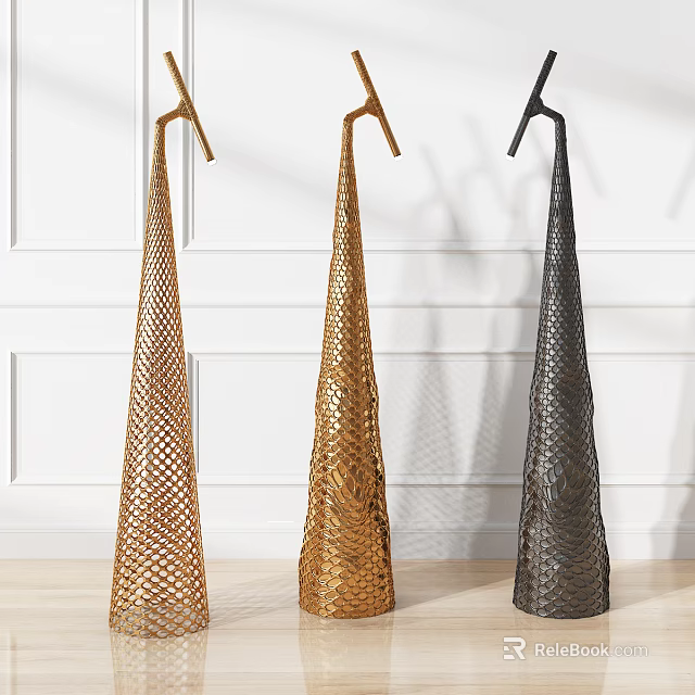 Three Modern Cone Shaped Floor Lamps in Gold and Black Woven Metal Design 3d model 