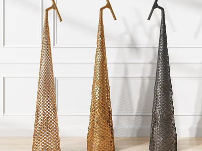 Three Modern Cone Shaped Floor Lamps in Gold and Black Woven Metal Design 3d model