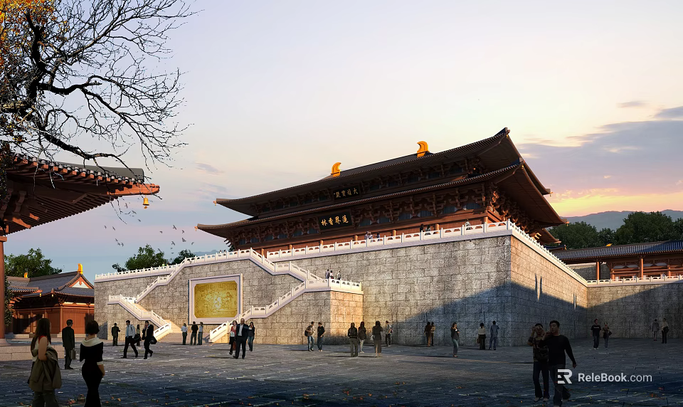 Ancient Traditional Chinese Architecture With Multi Tiered Roof Plaque Stone Steps And People 3d model 