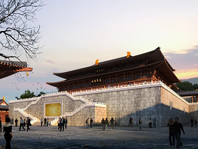 Ancient Traditional Chinese Architecture With Multi Tiered Roof Plaque Stone Steps And People 3d model
