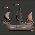Ancient Sailing Ship Model Water Vessel With White Sails Purple Hull And Decorative Flags