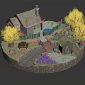 Charming Cartoon Scene With Cottage Chimney Fence Stream Wooden Bridge Trees And Flowers