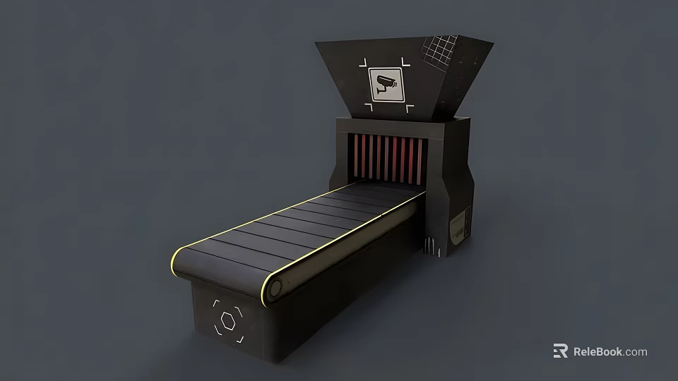 Industrial Equipment With Conveyor Belt Top Feeding Hopper Red Stripes And Yellow Lines 3d model 