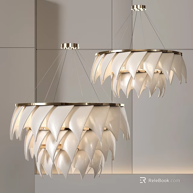 Elegant White Leaf Shaped Chandeliers With Golden Metal Frame And Grey Wall Background 3d model 
