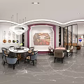 Elegant Front Desk Reception Interior With Purple Walls Curved Design Decorative Plant And Marble Floor