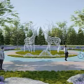 Scenic Park Landscape with Metal Deer Sculptures Green Lawns Purple Flowers Trees and Biking Paths