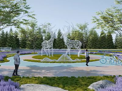 Scenic Park Landscape with Metal Deer Sculptures Green Lawns Purple Flowers Trees and Biking Paths 3d model