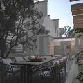 Garden Landscape With Outdoor Dining Area Wooden Table Chairs Trees And Lush Greenery