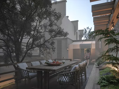 Garden Landscape With Outdoor Dining Area Wooden Table Chairs Trees And Lush Greenery 3d model