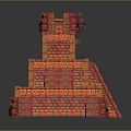 Scenic Vibrant Red Yellow Tiered Brick Tower with Decorative Patterns and Base Reflection