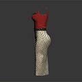 Women's Red Sleeveless Fitted Top and Black and White Polka Dot Skirt with Slit Design