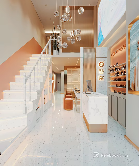 Modern Luxury Beauty Salon Interior With Marble Reception Desk Orange Chairs And White Staircase 3d model 
