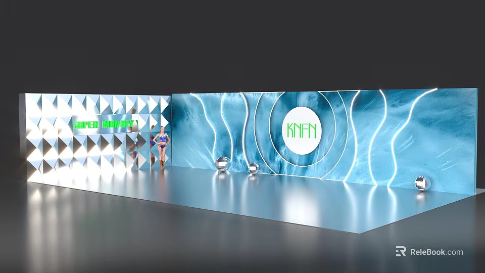 Shiny Photo Check In Spot With Blue Wave Background And AMN Circular Logo 3d model 