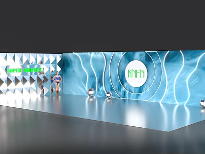 Shiny Photo Check In Spot With Blue Wave Background And AMN Circular Logo 3d model