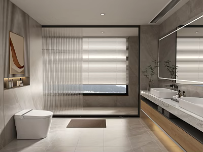 Modern Bathroom Interior With Double Vanity Marble Countertop Window Blinds Mirror And Tile Floor 3d model