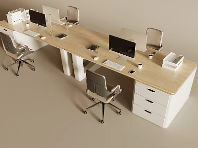 Modern Office Desk and Chair Set with Wooden Top White Drawer Cabinets and Computers 3d model