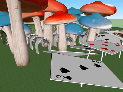 Vibrant Children's Play Area Featuring Red Blue Mushroom Shapes And Giant Playing Cards 3d model