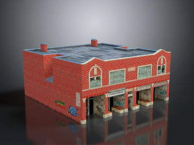 Red Brick Commercial Building With Multiple Storefronts Arched Windows And Flat Roof 3d model