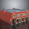 Red Brick Commercial Building With Multiple Storefronts Arched Windows And Flat Roof 3d model