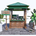 Coffee Tea Kiosk With Green Roof And Wooden Counter Surrounded By Potted Plants And Signboard